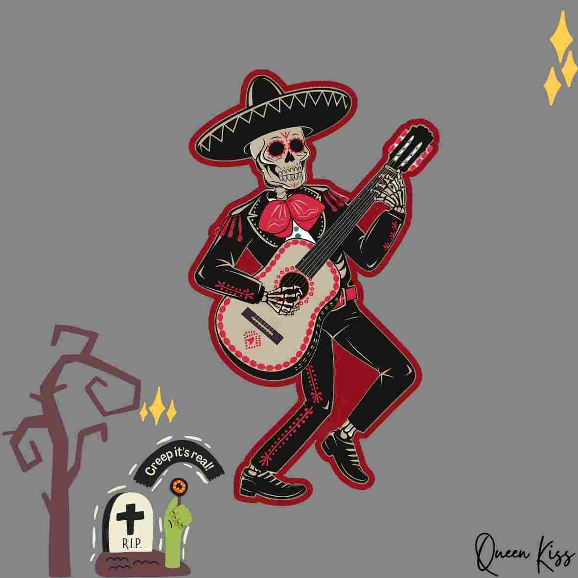 Cute Skeleton musician Sticker, Waterproof Glossy Sticker, Vinyl Sticker, Laptop Phone Notebook Mug Sticker -- Creep it's real