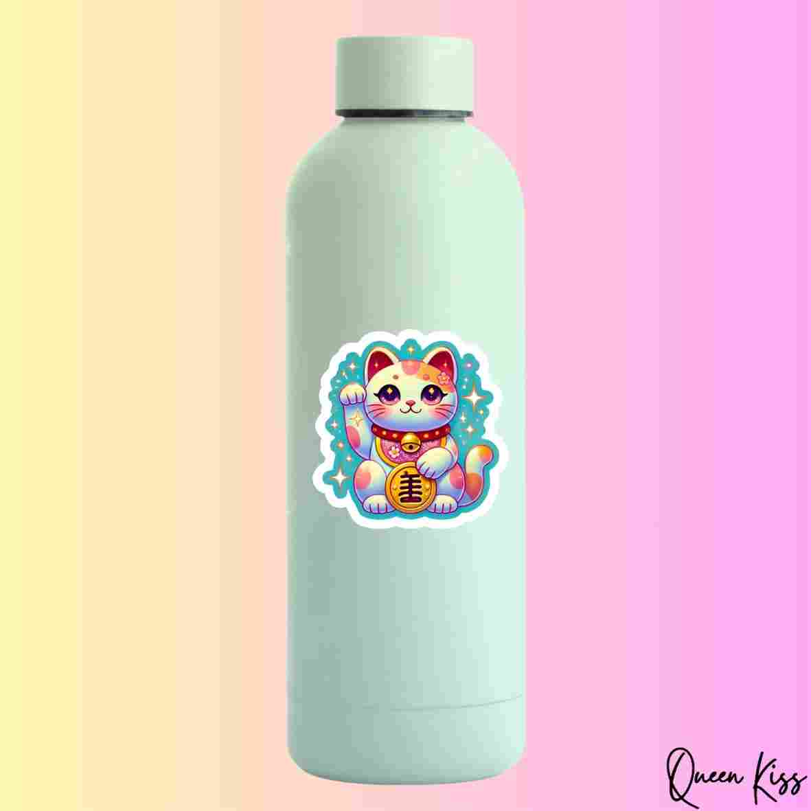 Cute Lucky Cat Sticker, Waterproof Glossy Sticker, Vinyl Sticker, Laptop Phone Notebook Mug Sticker -- Konichiwa