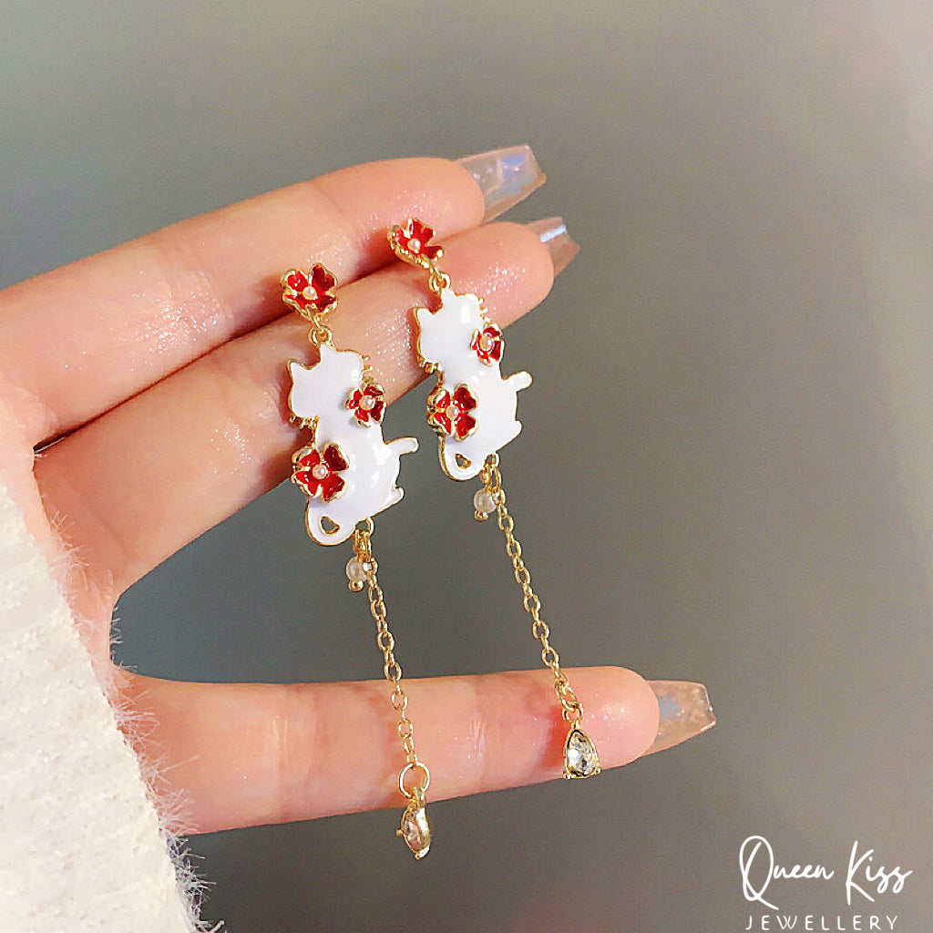 Super Cute Kitty Cat and Flower Earrings -- Take Me to The Garden!!