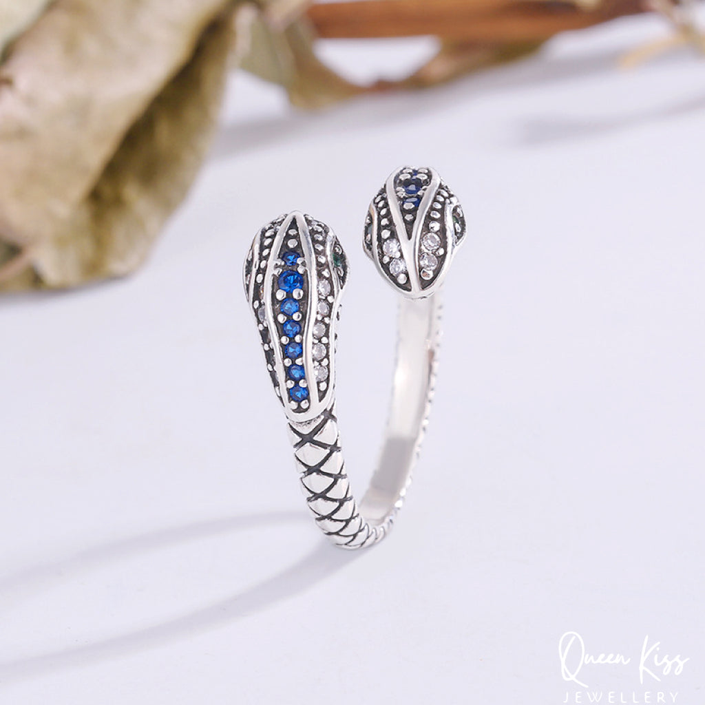 Two Heads Double Heads Snake Minimalist Vintage Adjustable Silver Ring -- Snakey