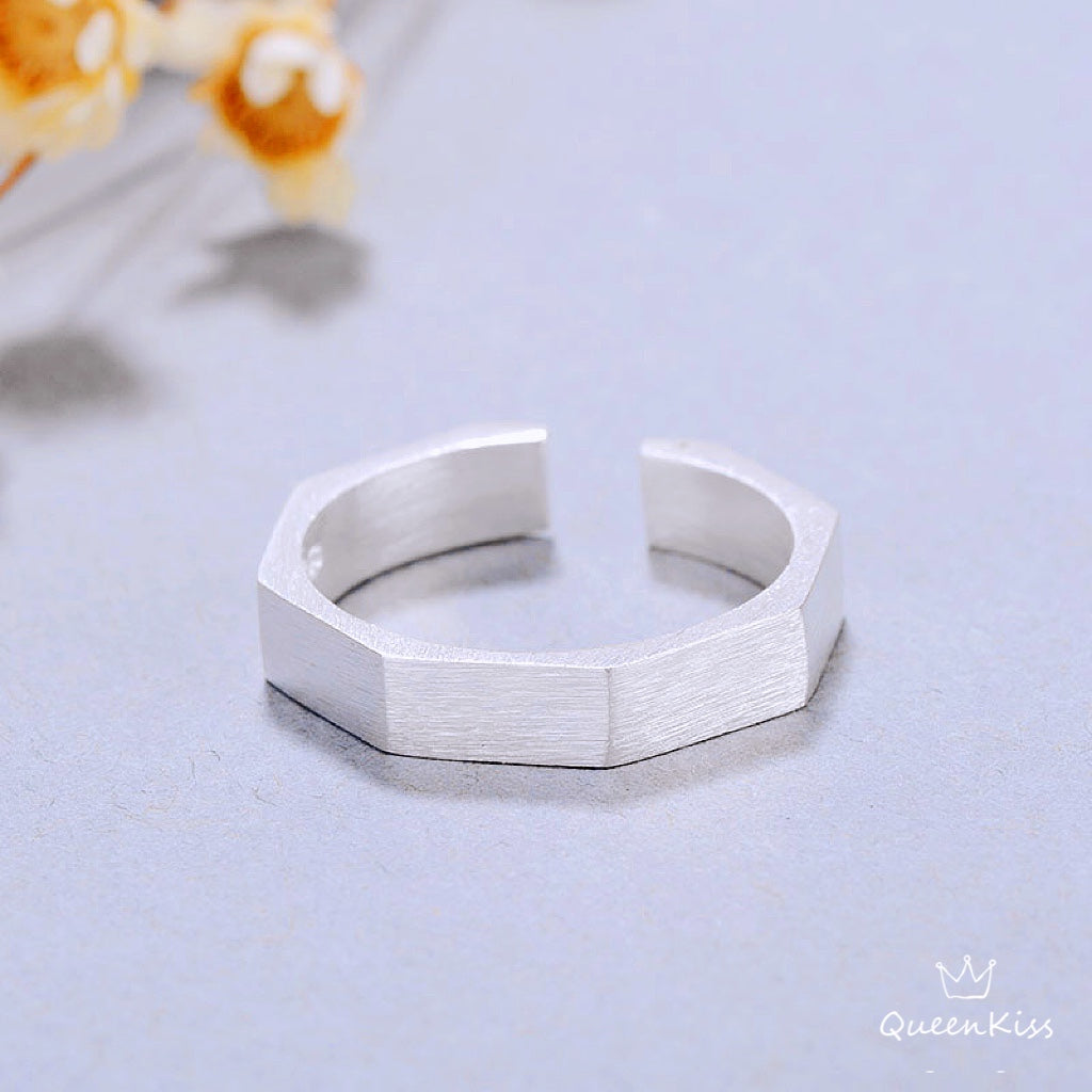 Modern Minimalist Fosted Matt Hexagon Adjustable Silver Ring