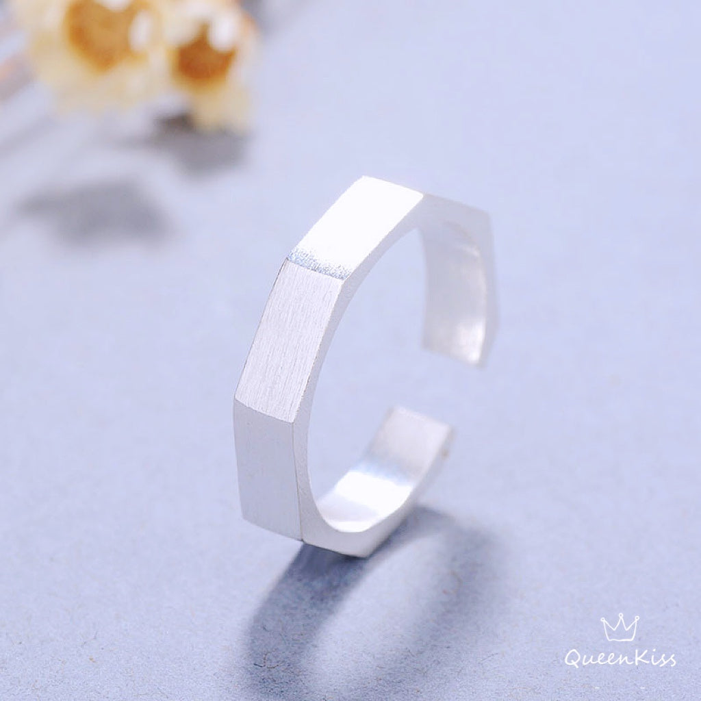 Modern Minimalist Fosted Matt Hexagon Adjustable Silver Ring