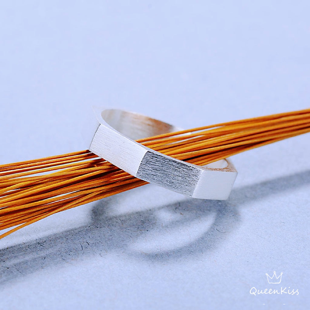 Modern Minimalist Fosted Matt Hexagon Adjustable Silver Ring