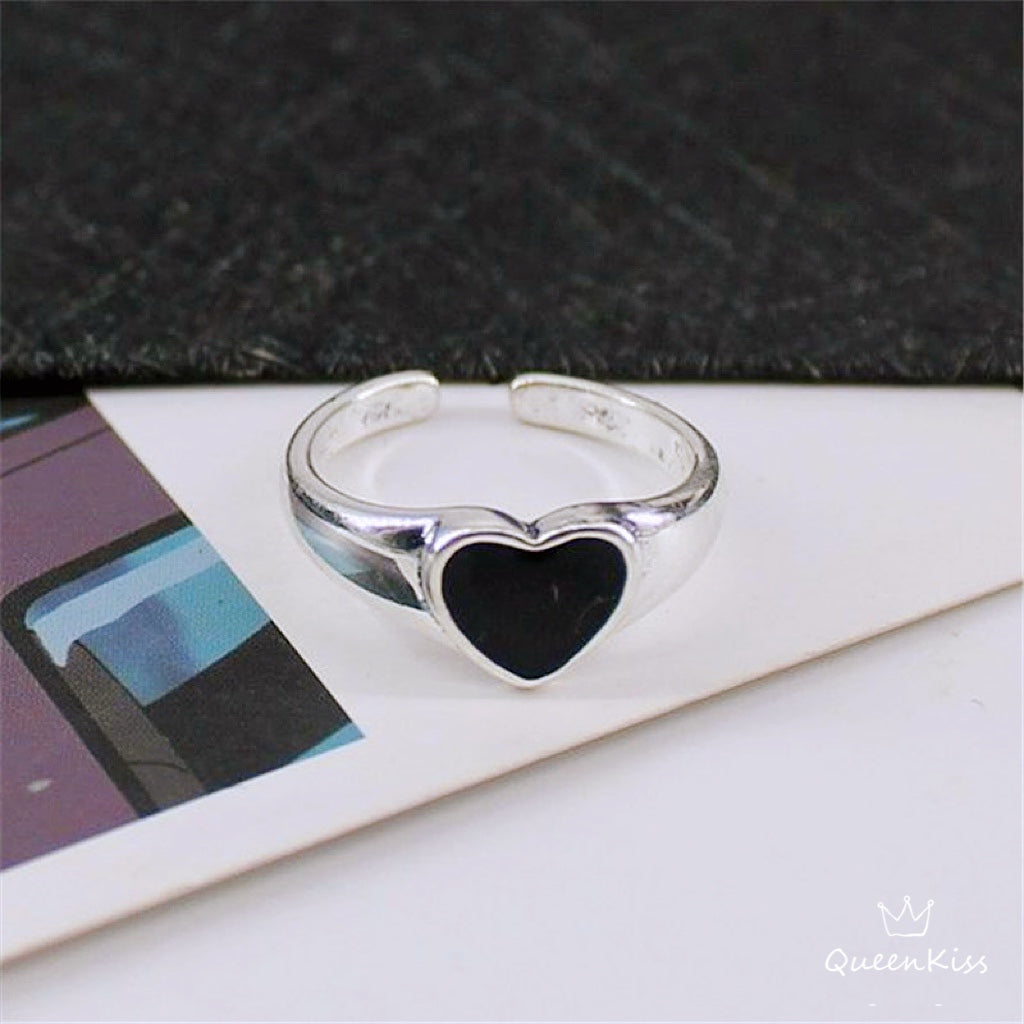 Vintage Black Heart Spot Adjustable 925 Sterling Silver Plated Ring