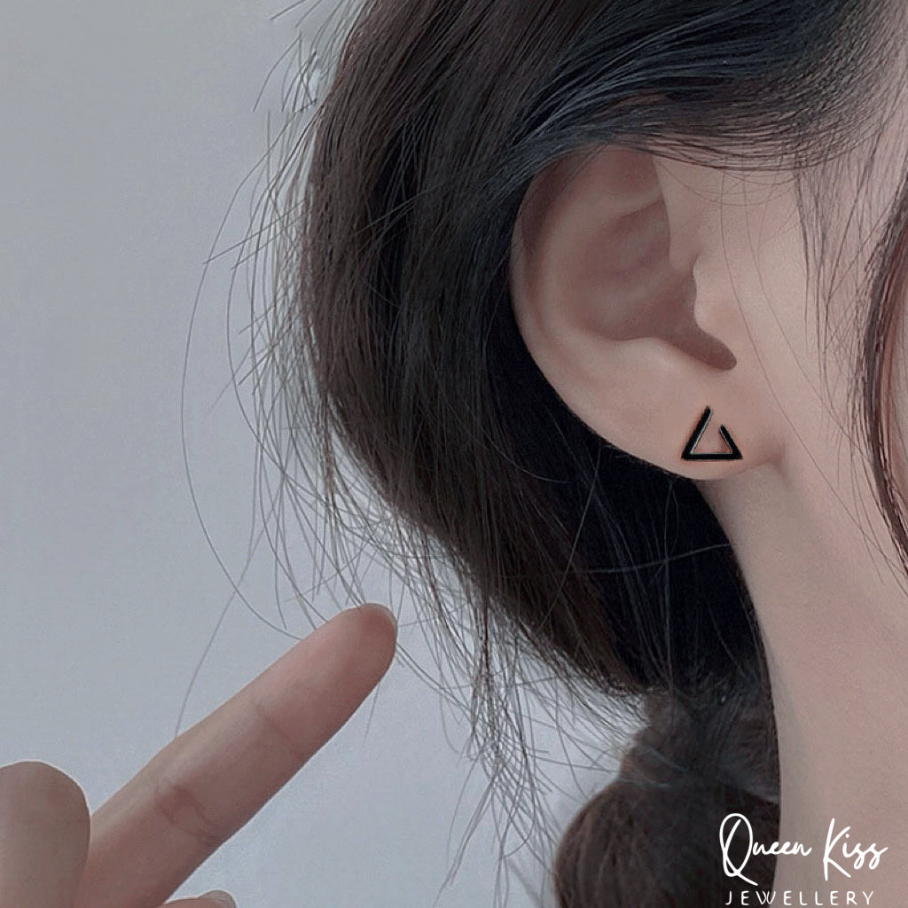 Sterling Silver 925 Stud Earrings Cute Incomplete Triangle Black Stud Earrings Modern Studs Minimal Stud Earrings Gift for her