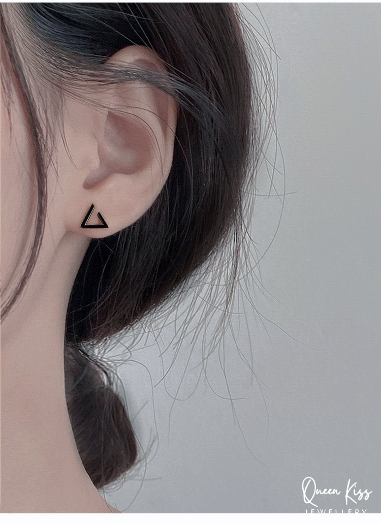 Sterling Silver 925 Stud Earrings Cute Incomplete Triangle Black Stud Earrings Modern Studs Minimal Stud Earrings Gift for her