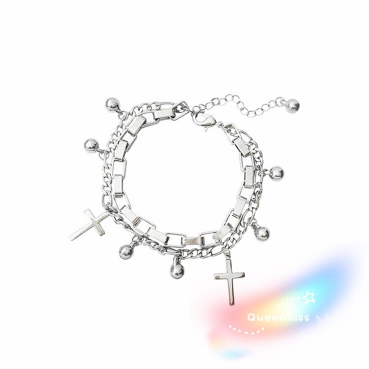Funky Punk Stainless Steel Three Layers Cool Style Chain Cross Silver Bracelet -- Pray For Me!!