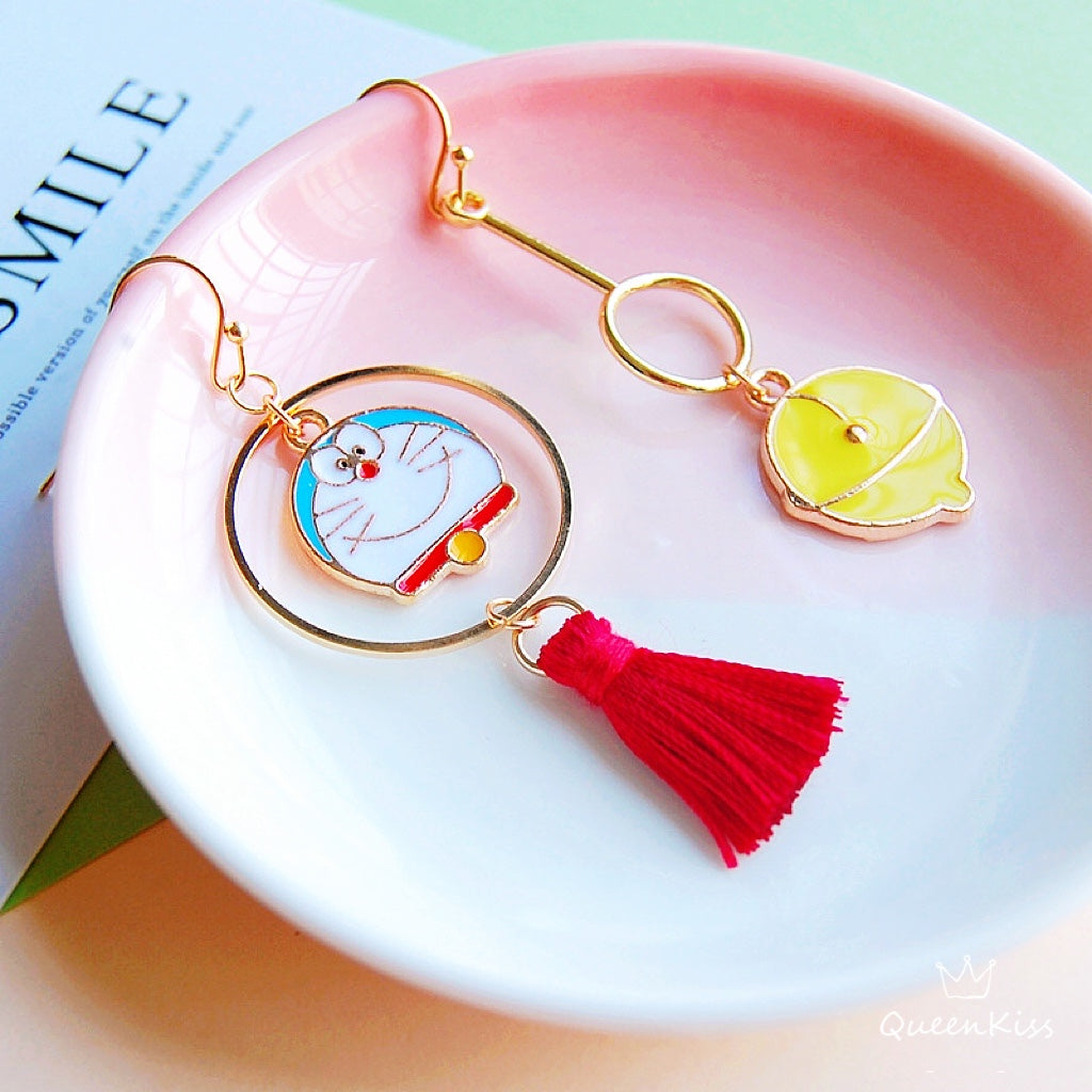 Super Cute Doraemon and His Bell Enamelled Earrings -- Smart Brain!!