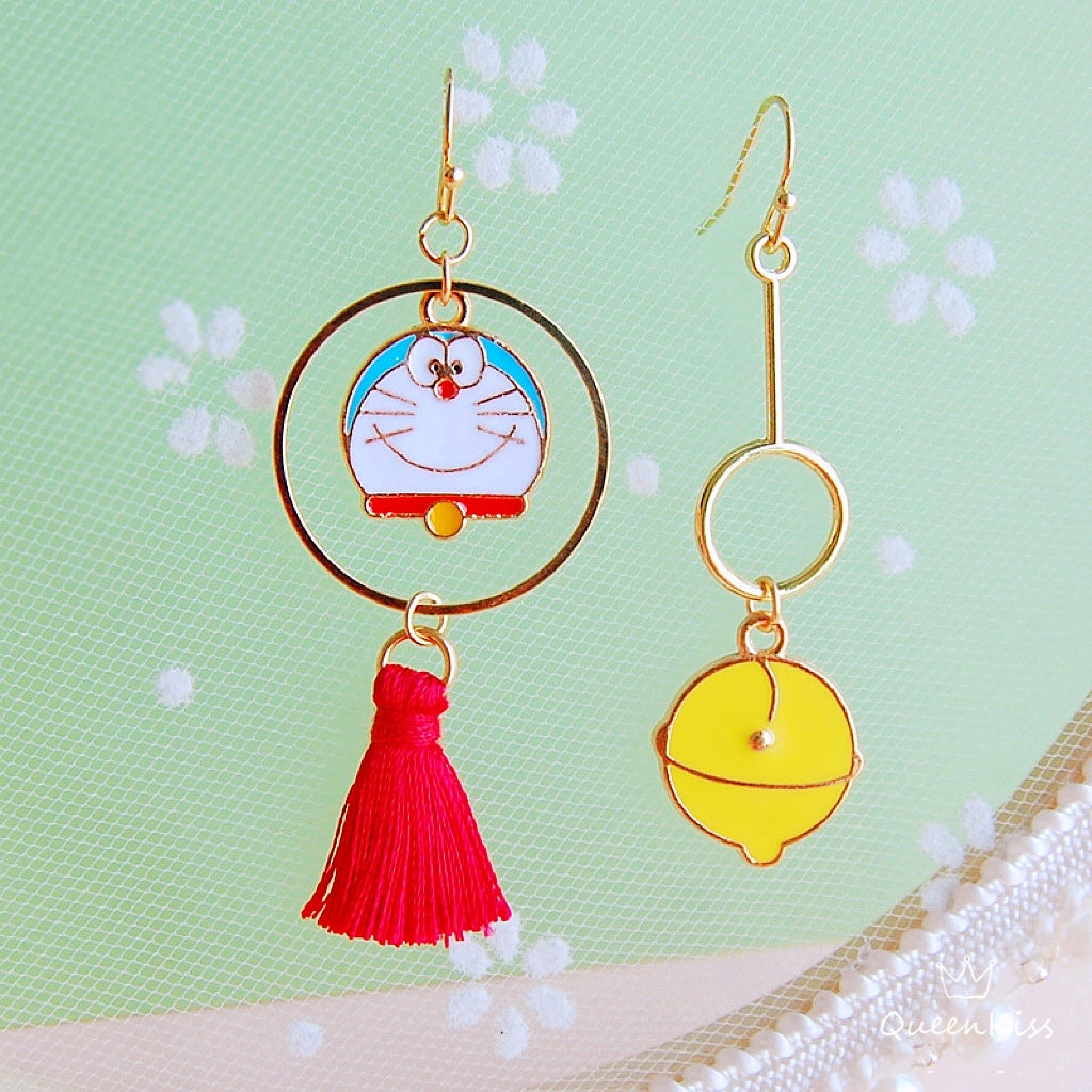 Super Cute Doraemon and His Bell Enamelled Earrings -- Smart Brain!!