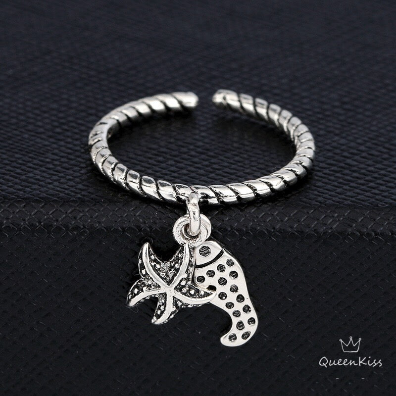 S925 Cool Vintage Sea Star Fish Plain Ring Adjustable Silver Ring