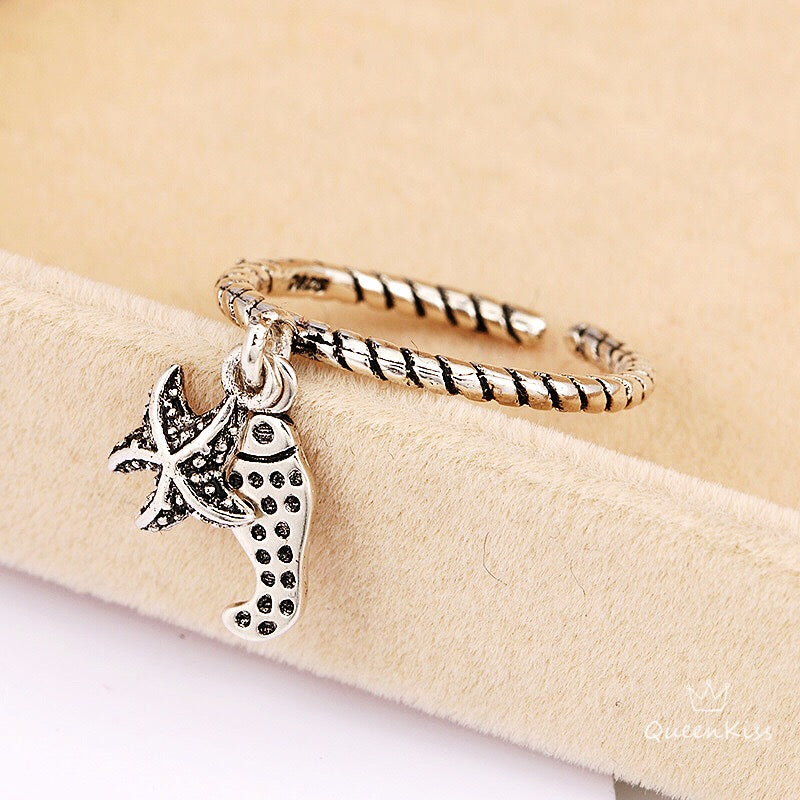 S925 Cool Vintage Sea Star Fish Plain Ring Adjustable Silver Ring