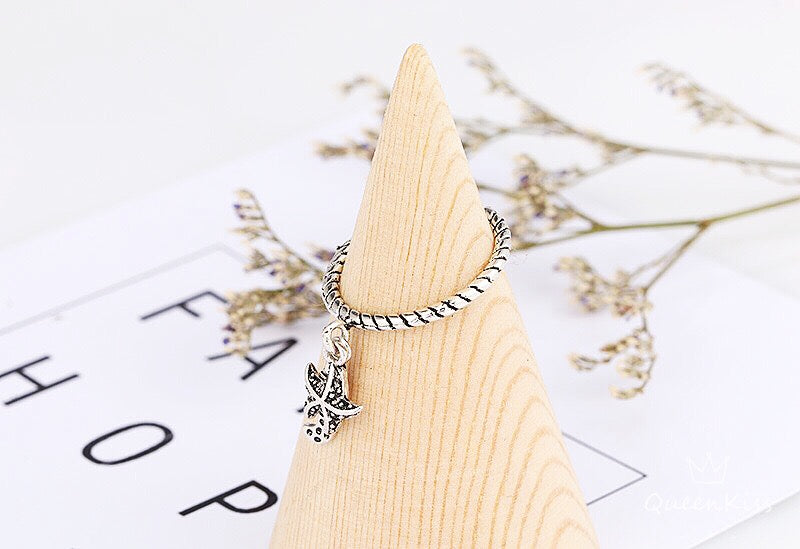 S925 Cool Vintage Sea Star Fish Plain Ring Adjustable Silver Ring