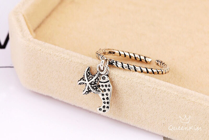 S925 Cool Vintage Sea Star Fish Plain Ring Adjustable Silver Ring