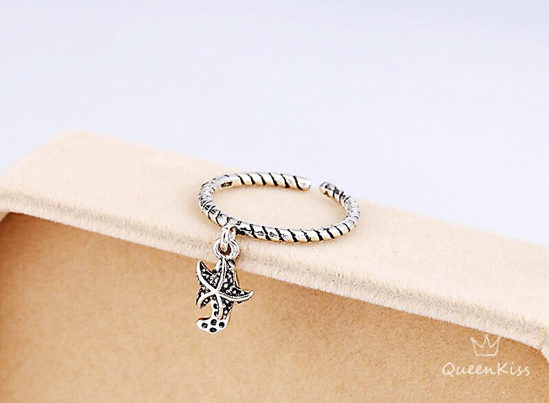 S925 Cool Vintage Sea Star Fish Plain Ring Adjustable Silver Ring