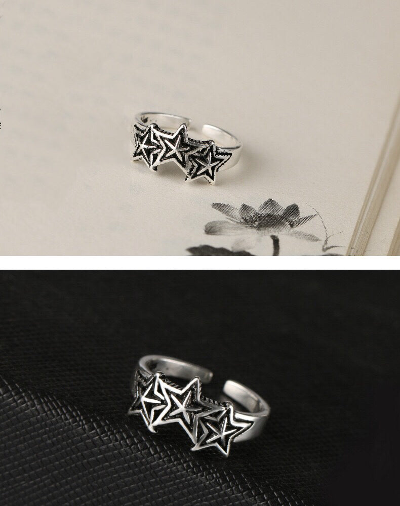 Vintage three Stars Adjustable 925 Sterling Silver Plated Ring