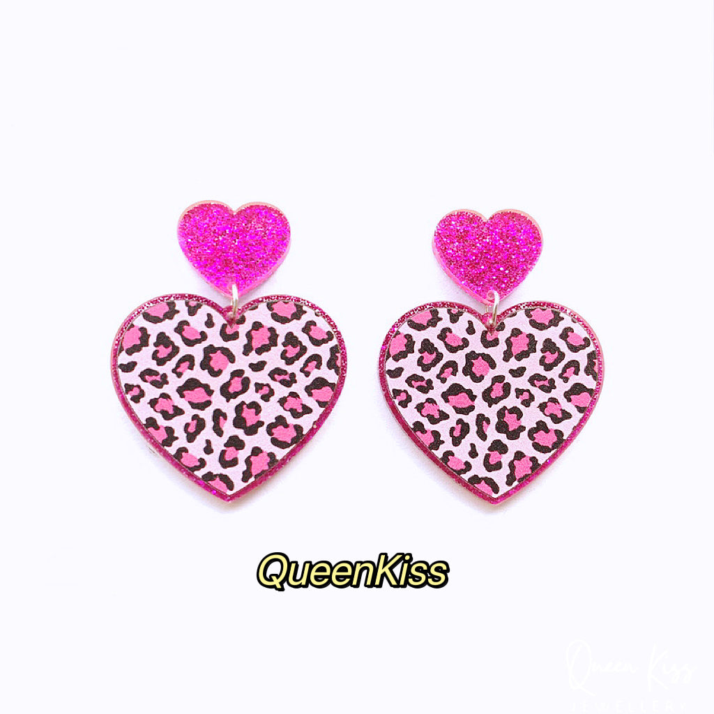 Cute Light Trendy Pink and Yellow Heart Shape Leopard Print Earrings - Baby Mine!!