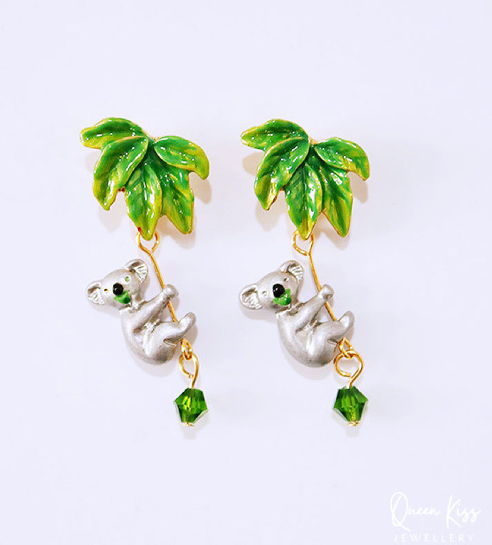 Enamel Green Leaves and Koala Dangle Earrings -- Australian Wild Life!!