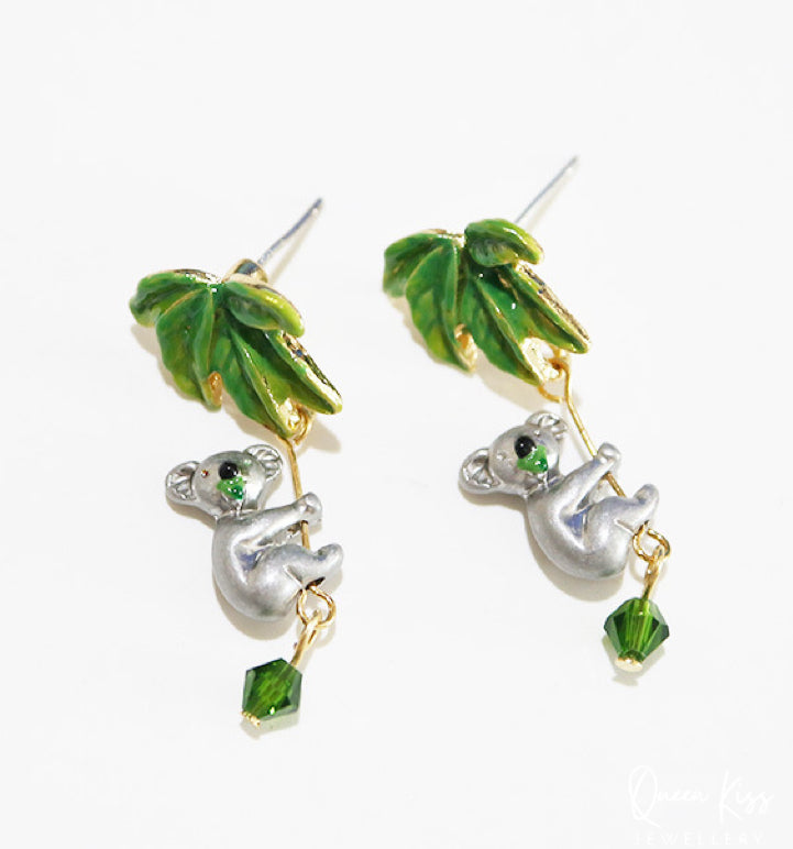 Enamel Green Leaves and Koala Dangle Earrings -- Australian Wild Life!!