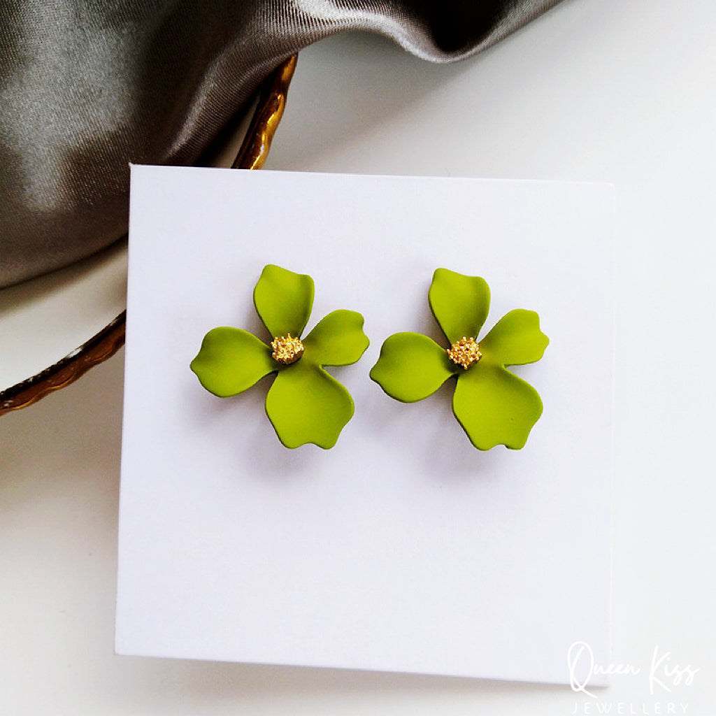 Enamel Matt Cute Adorable Gold White Purple and Green 3D Flower Floral Studs Earrings -- Sexy Baby!!