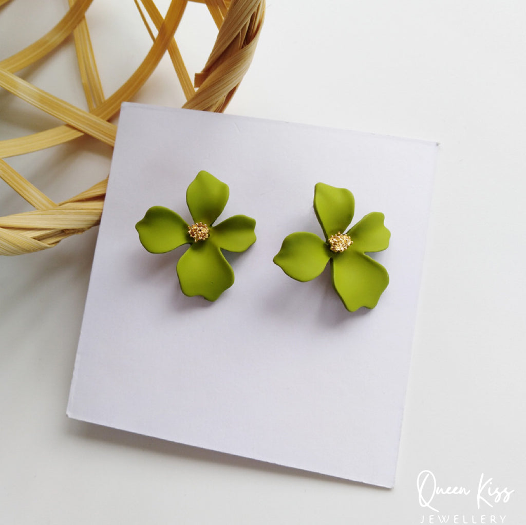 Enamel Matt Cute Adorable Gold White Purple and Green 3D Flower Floral Studs Earrings -- Sexy Baby!!