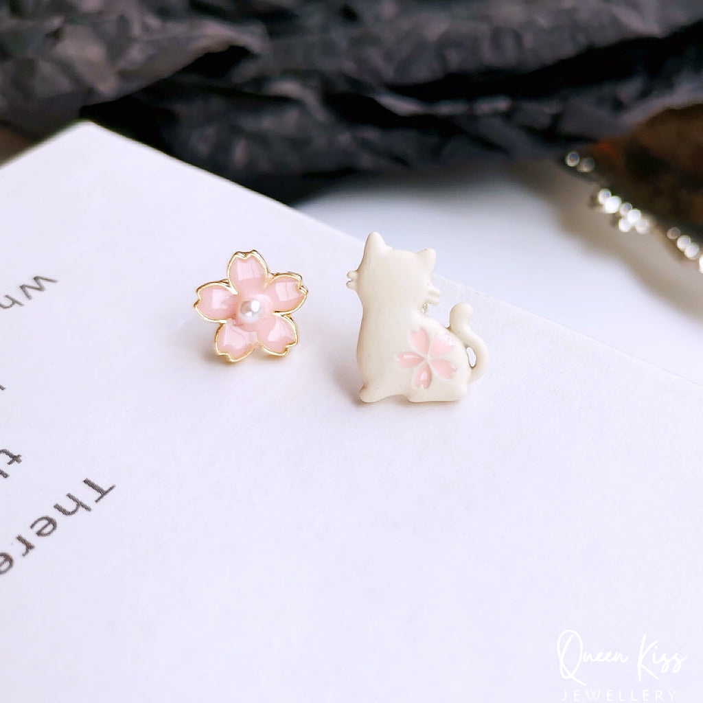 Sterling Silver 925 Stud Earrings Cute Cat Kitty and Flower Stud Earrings Gift for her