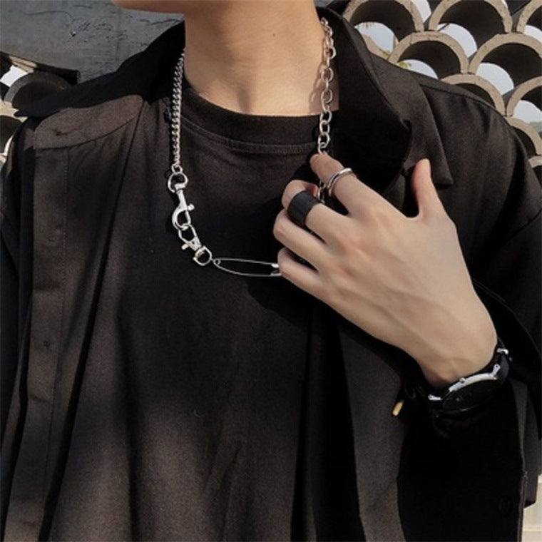 Funky Punk Stainless Steel and Pin and Key Hook Cool Chains Metal Piece Silver Necklace -- Sadness!!