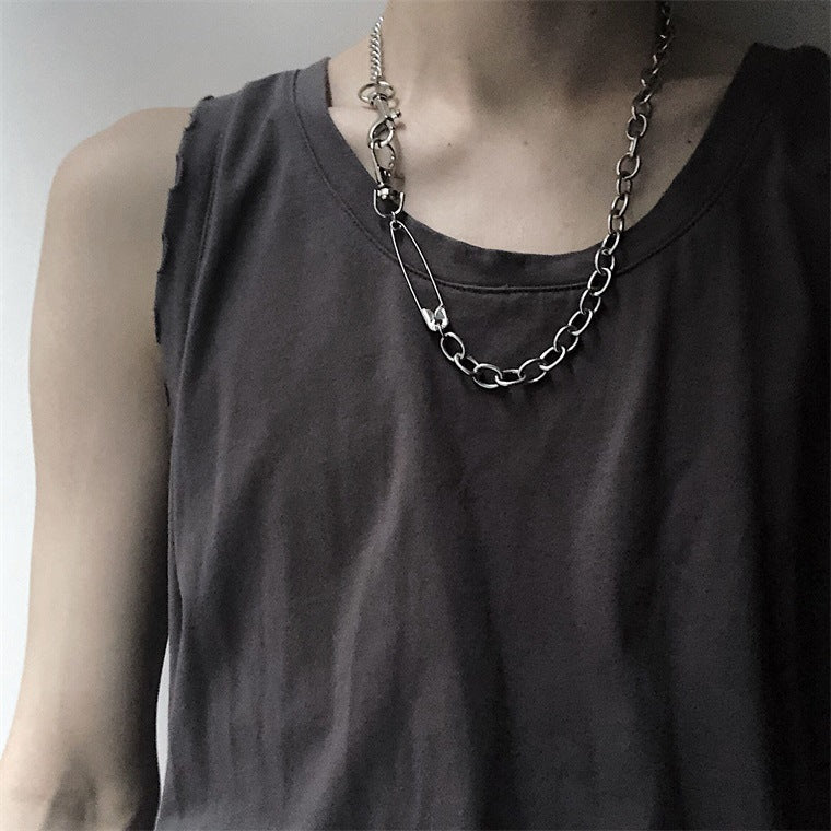 Funky Punk Stainless Steel and Pin and Key Hook Cool Chains Metal Piece Silver Necklace -- Sadness!!