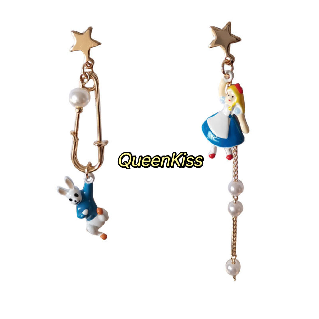 Super Cute Wonderland Alice Star and Rabbit Star Enamelled Earrings -- Wonderful World!!