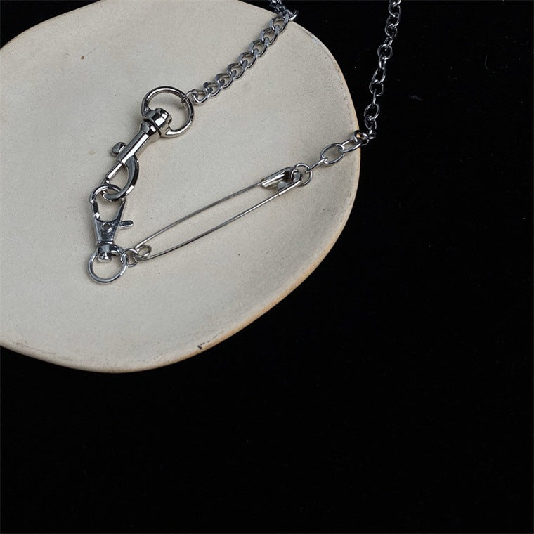 Funky Punk Stainless Steel and Pin and Key Hook Cool Chains Metal Piece Silver Necklace -- Sadness!!