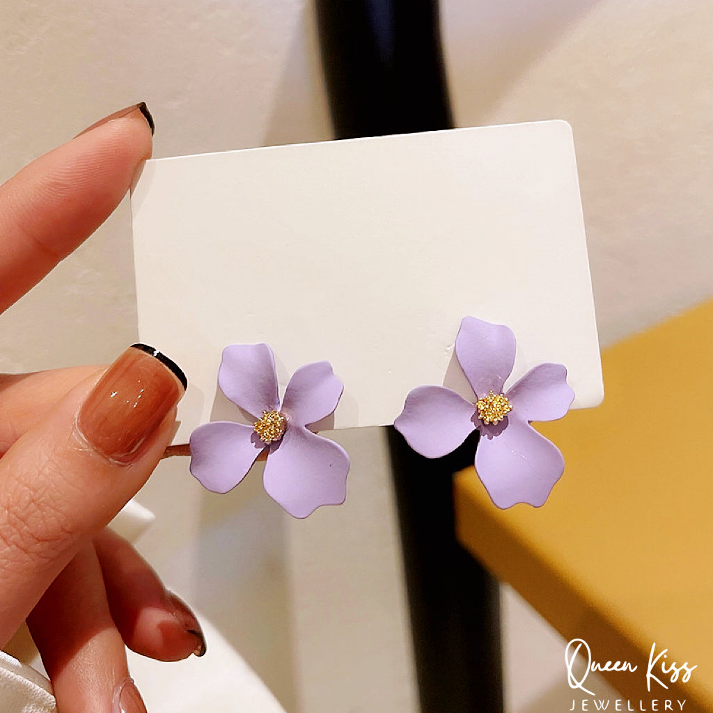 Enamel Matt Cute Adorable Gold White Purple and Green 3D Flower Floral Studs Earrings -- Sexy Baby!!
