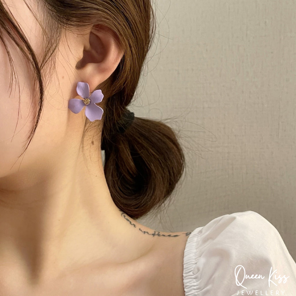 Enamel Matt Cute Adorable Gold White Purple and Green 3D Flower Floral Studs Earrings -- Sexy Baby!!