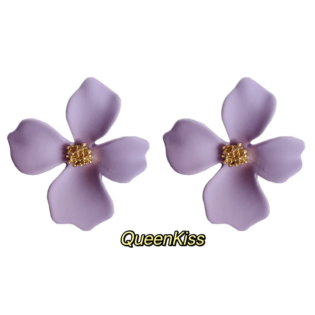 Enamel Matt Cute Adorable Gold White Purple and Green 3D Flower Floral Studs Earrings -- Sexy Baby!!