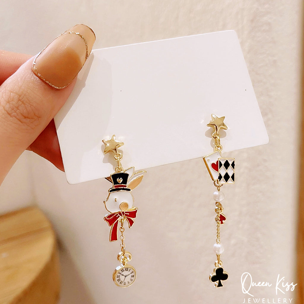 Super Cute Wonderland Bunny Rabbit Clock and Ace Card Enamelled Earrings -- Hide and Seek!!