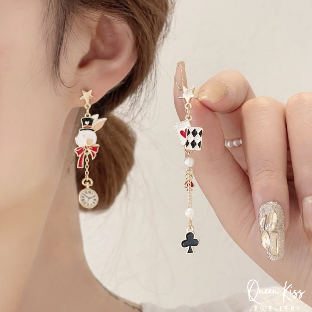 Super Cute Wonderland Bunny Rabbit Clock and Ace Card Enamelled Earrings -- Hide and Seek!!