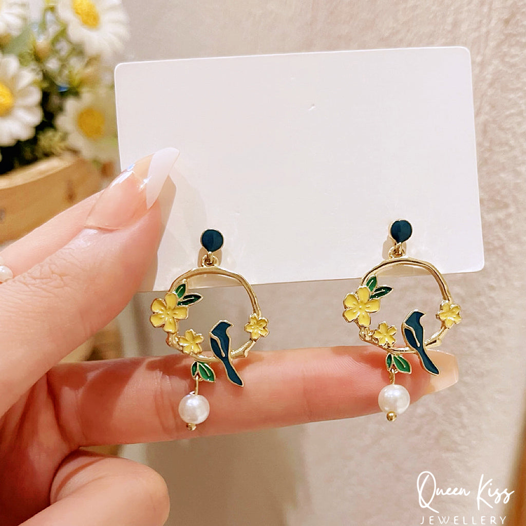 Enamel Bird and Yellow Flower Pearl Circle Earrings -- Garden Tale!