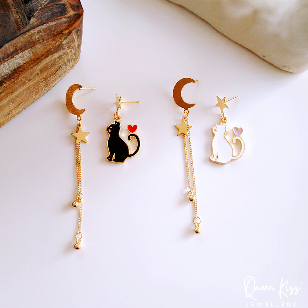 Super Cute Salomon Kitty Cat with Heart on Tail Moon and Star Earrings -- Black and White!!
