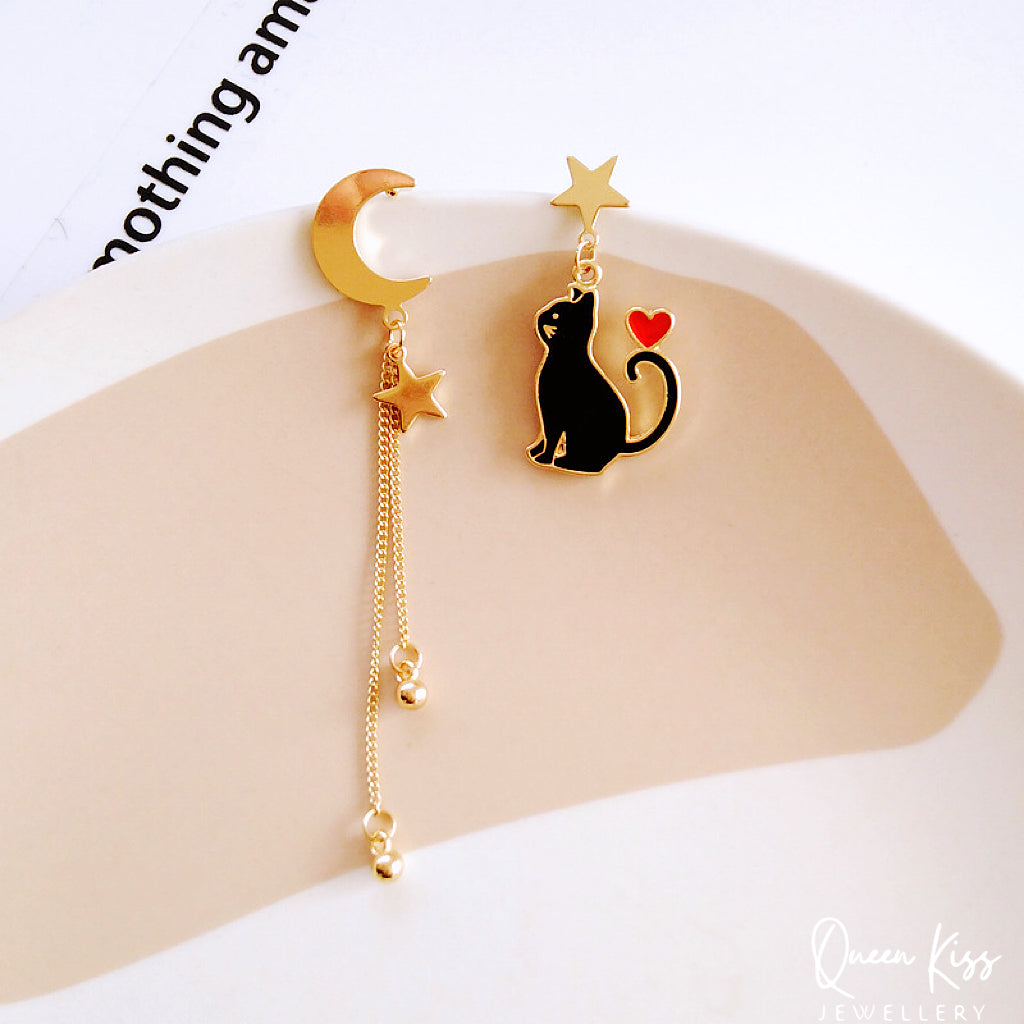 Super Cute Salomon Kitty Cat with Heart on Tail Moon and Star Earrings -- Black and White!!