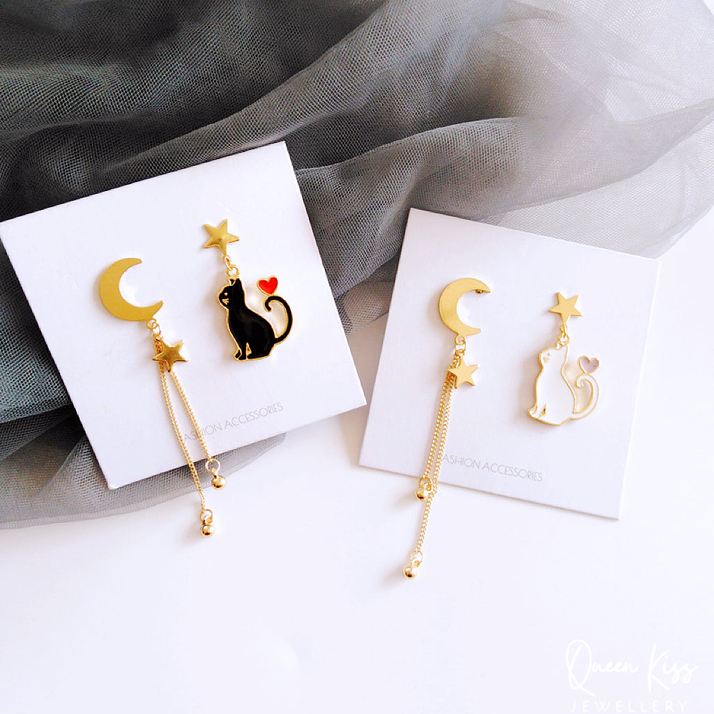 Super Cute Salomon Kitty Cat with Heart on Tail Moon and Star Earrings -- Black and White!!