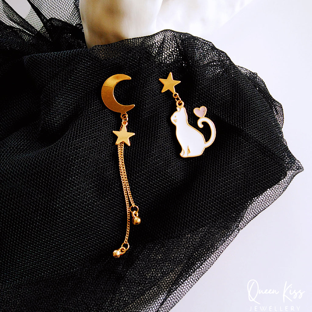 Super Cute Salomon Kitty Cat with Heart on Tail Moon and Star Earrings -- Black and White!!