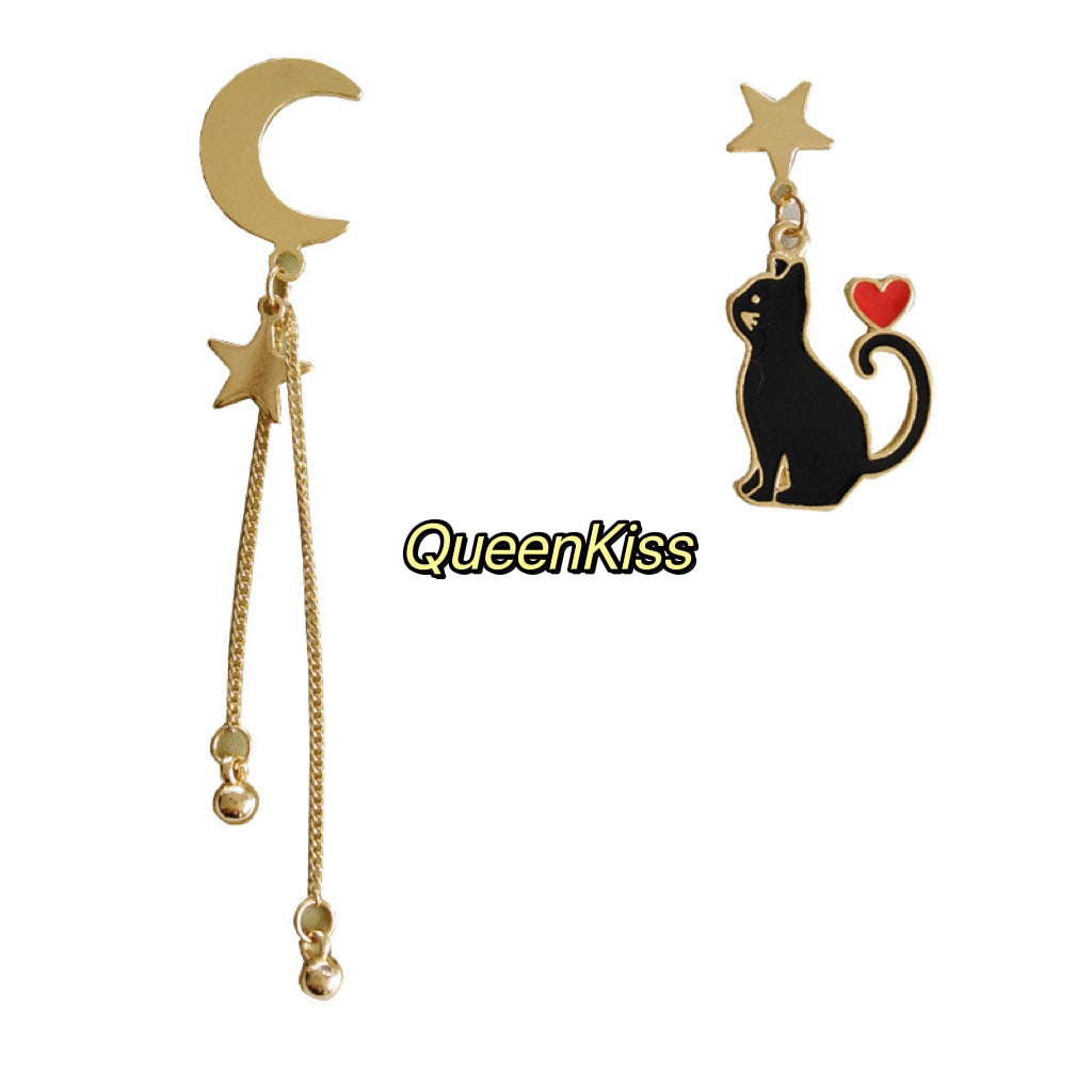 Super Cute Salomon Kitty Cat with Heart on Tail Moon and Star Earrings -- Black and White!!
