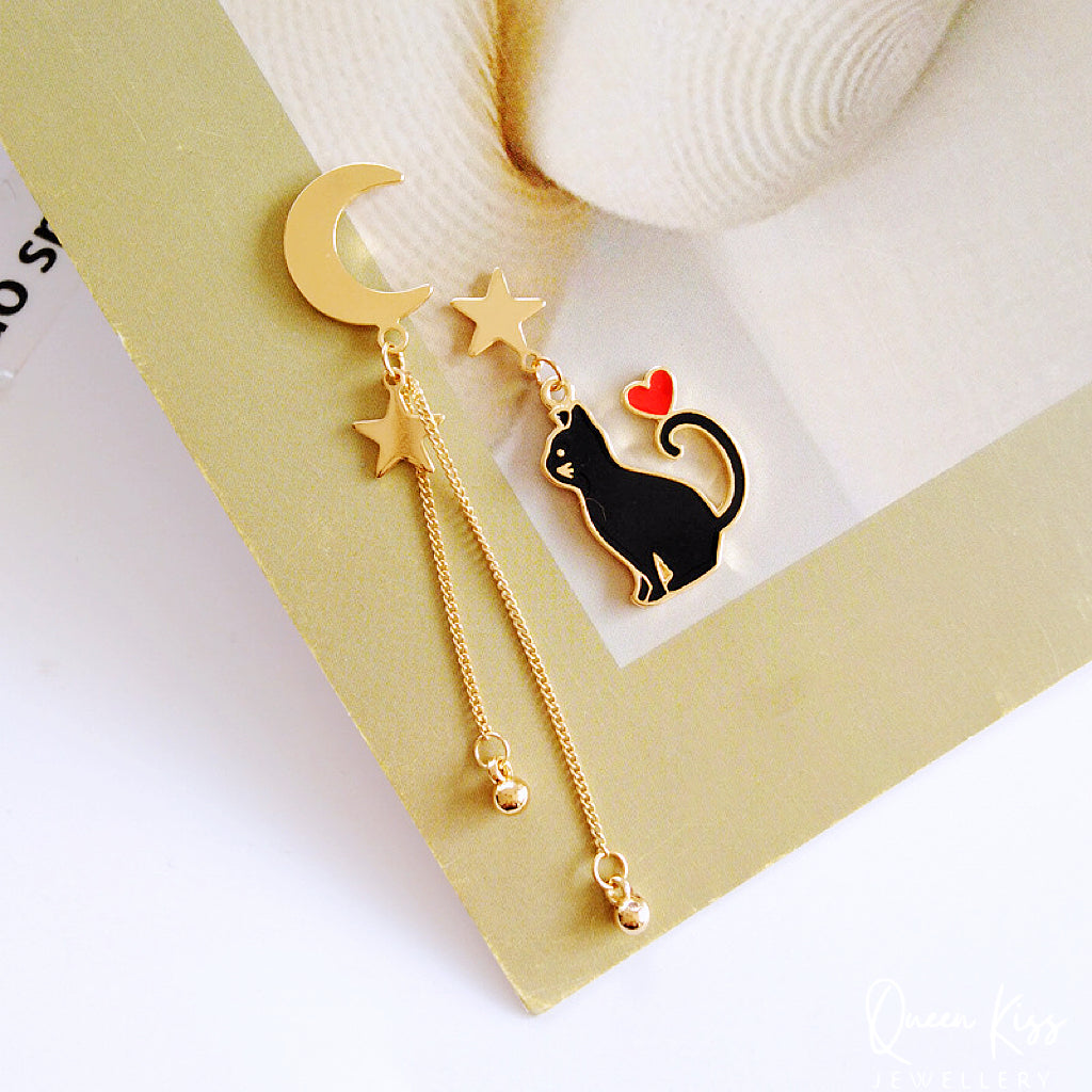 Super Cute Salomon Kitty Cat with Heart on Tail Moon and Star Earrings -- Black and White!!