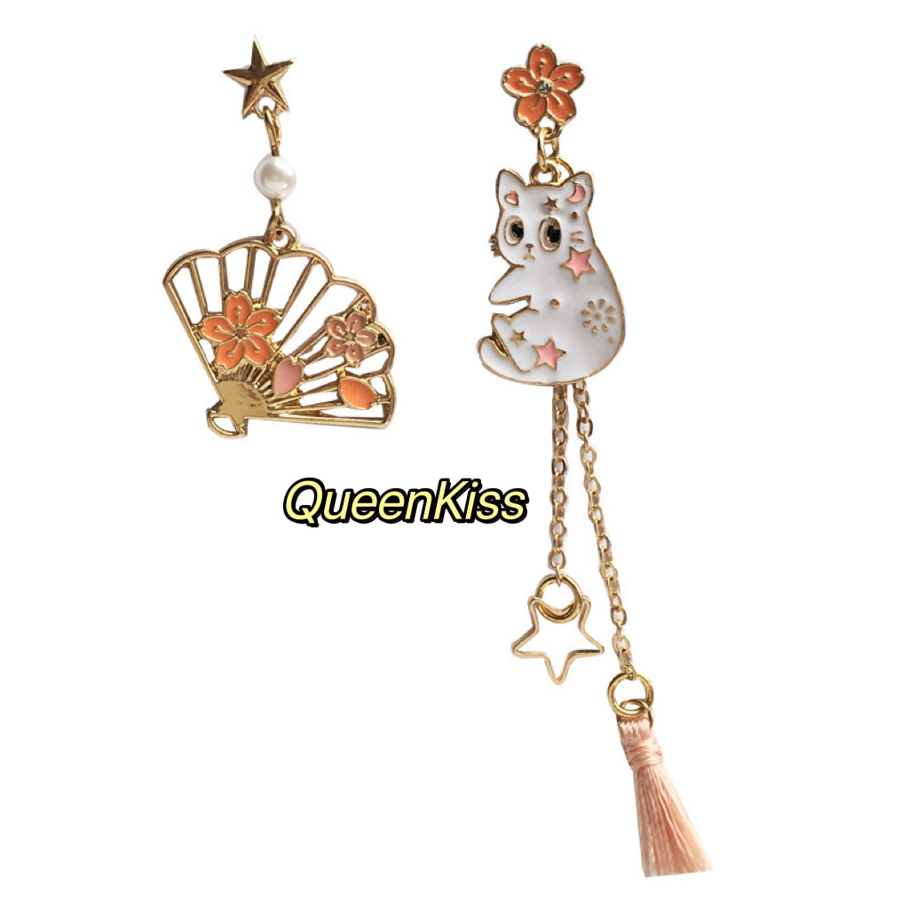 Super Cute Kitty Cat And Fan Flower Star Earrings -- When She Smiles!!
