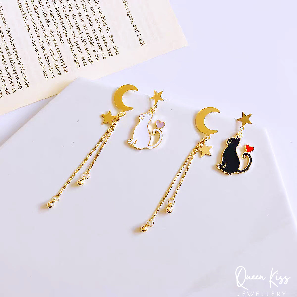 Super Cute Salomon Kitty Cat with Heart on Tail Moon and Star Earrings -- Black and White!!