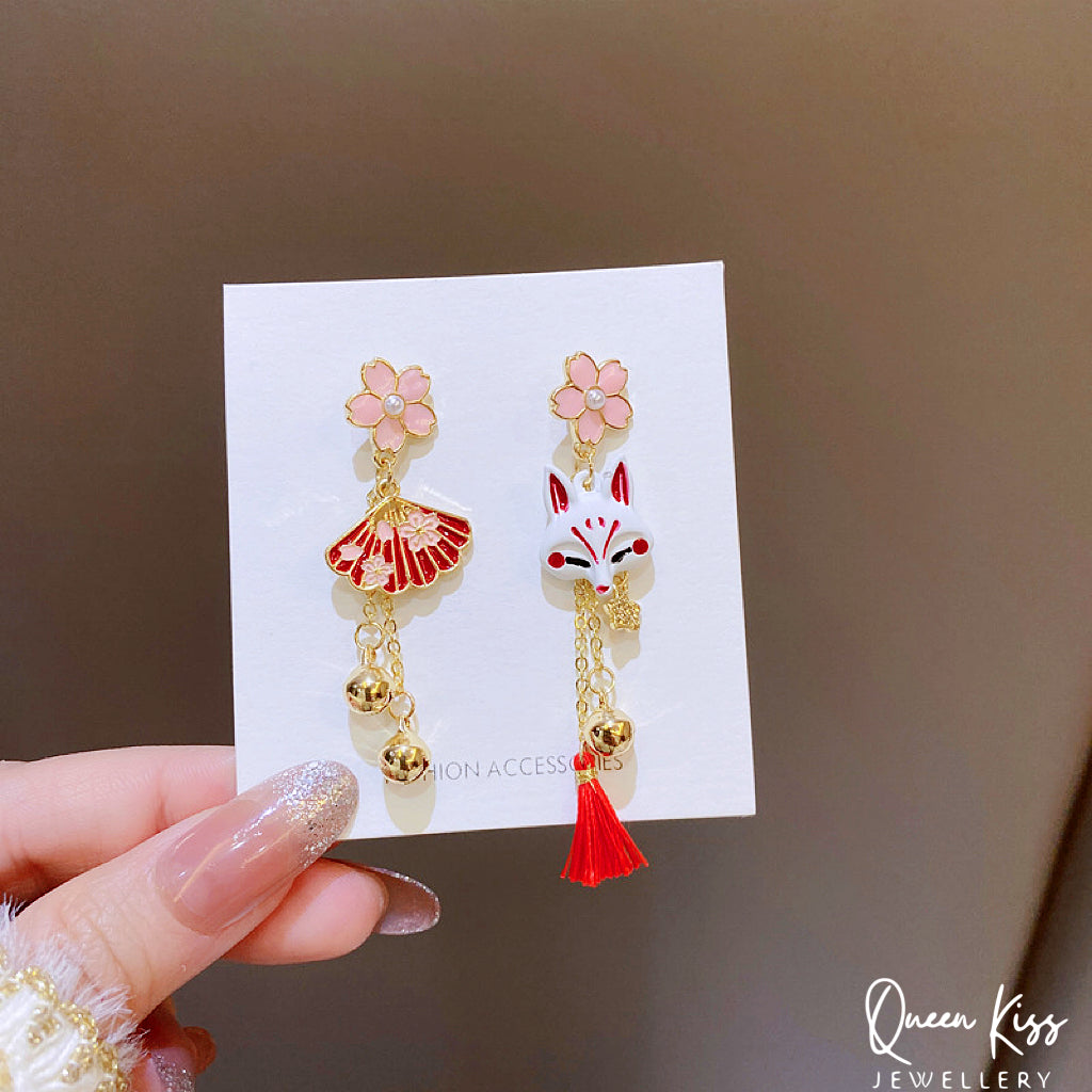 Super Cute Japanese Style Fox and Fan Flower Earrings -- Sakura Foxy!!