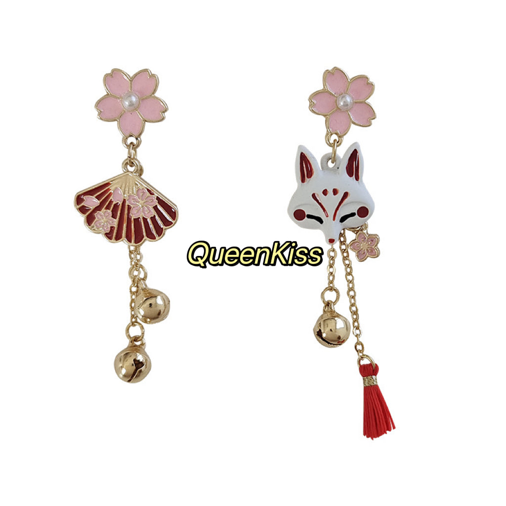 Super Cute Japanese Style Fox and Fan Flower Earrings -- Sakura Foxy!!