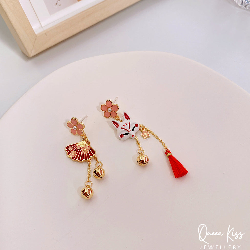Super Cute Japanese Style Fox and Fan Flower Earrings -- Sakura Foxy!!