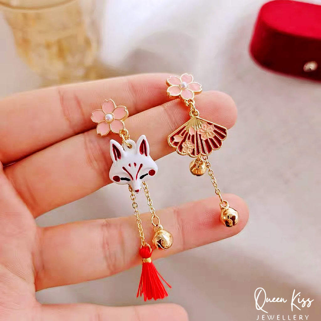 Super Cute Japanese Style Fox and Fan Flower Earrings -- Sakura Foxy!!
