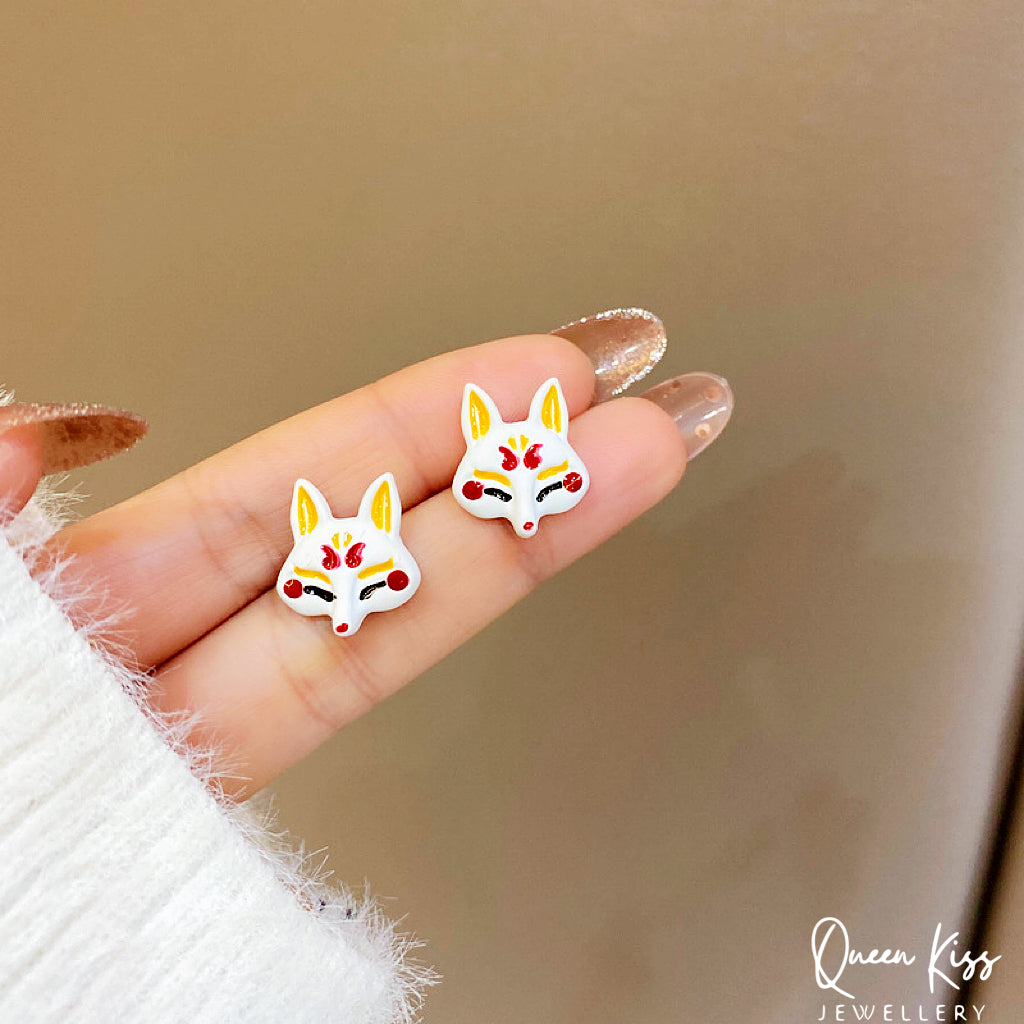 Super Cute Japanese Style Fox and Fan Flower Stud Earrings -- Sakura Foxy!!