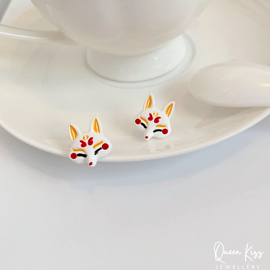 Super Cute Japanese Style Fox and Fan Flower Stud Earrings -- Sakura Foxy!!