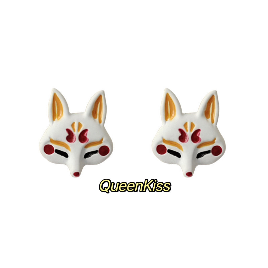 Super Cute Japanese Style Fox and Fan Flower Stud Earrings -- Sakura Foxy!!